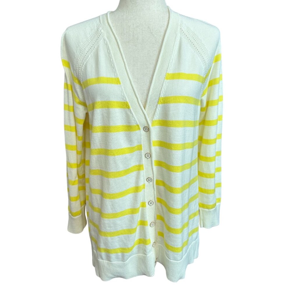 Talbots Cardigan Women L P Yellow White Stripe Button Up Sweater Classic V Neck